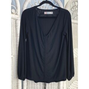 FP Beach Black Ruched Front Top Soft Jersey Knit Square Neck Long Sleeve XS